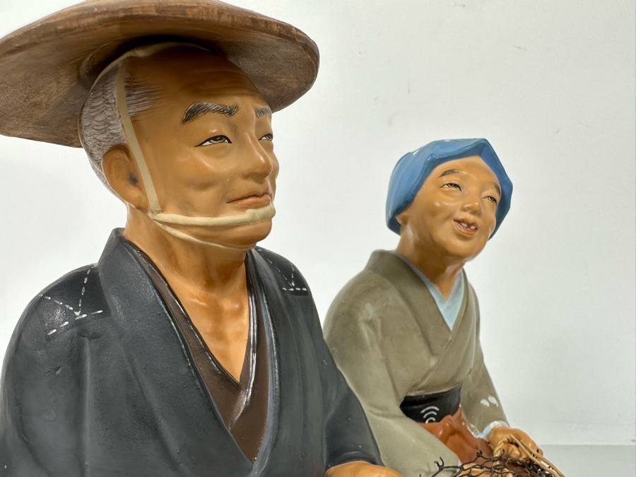 Vintage Japanese Hakata Urasaki Hand Painted Ceramic Doll Figurine Seated Man And Woman With Fishing Net 9W X 7.5H [Photo 6]