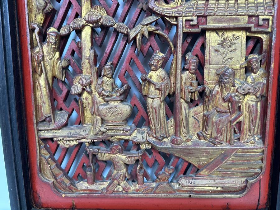 Pair of Vintage Chinese Relief Carved Gilt Wooden Panels 15.5W x 22H [Photo 5]