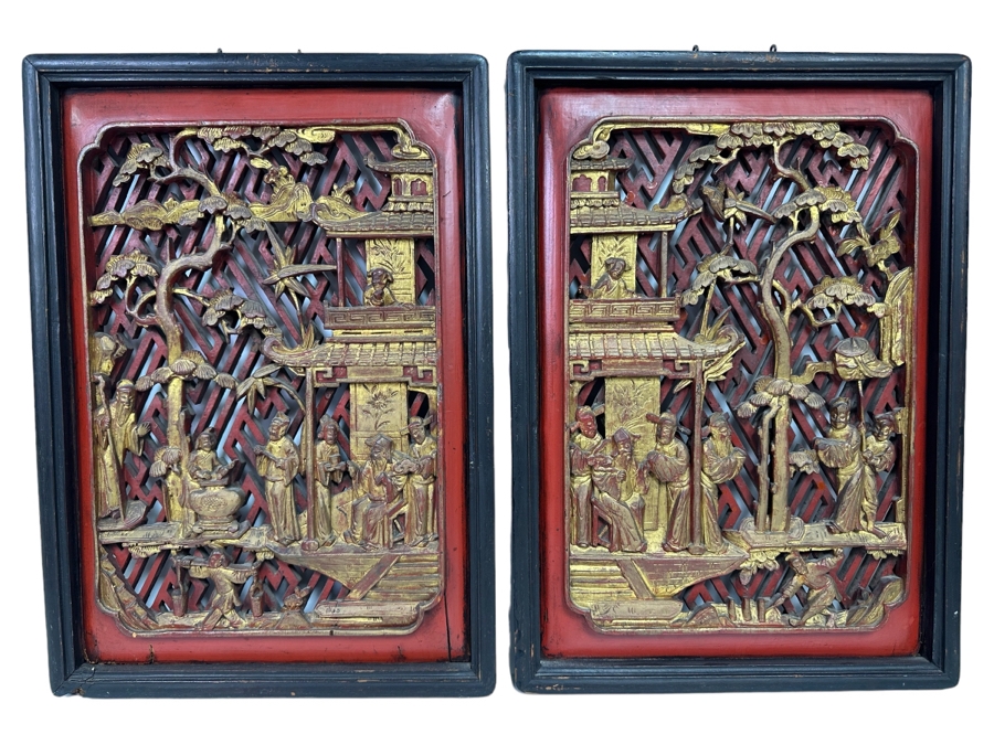 Pair of Vintage Chinese Relief Carved Gilt Wooden Panels 15.5W x 22H [Photo 1]