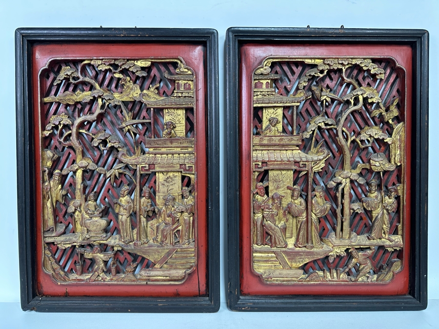 Pair of Vintage Chinese Relief Carved Gilt Wooden Panels 15.5W x 22H [Photo 3]