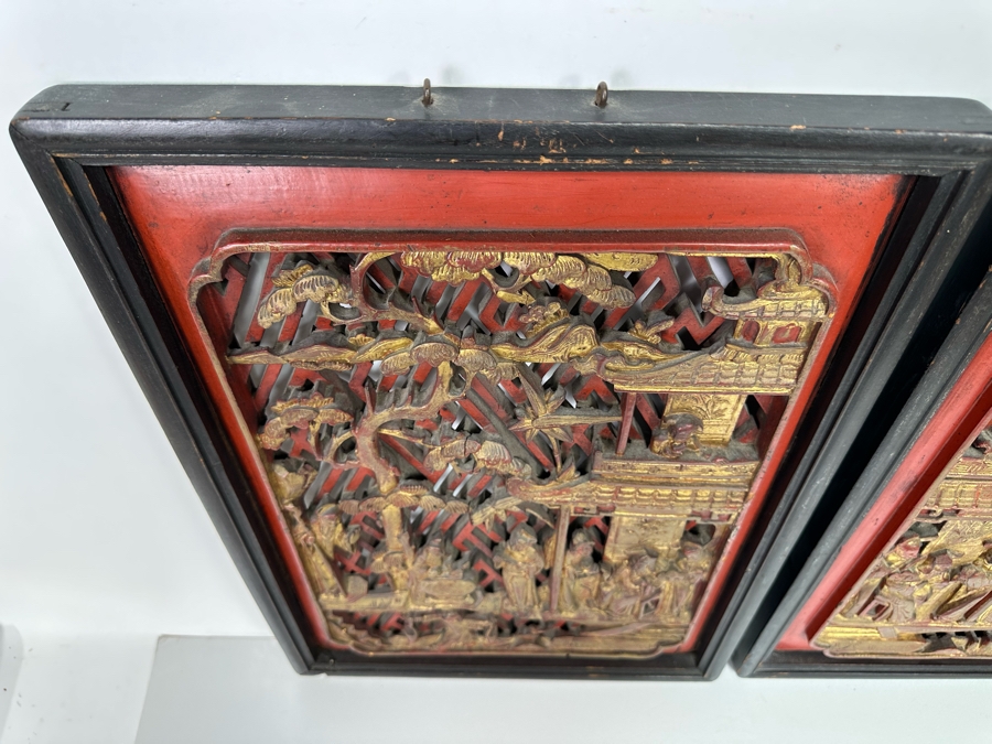 Pair of Vintage Chinese Relief Carved Gilt Wooden Panels 15.5W x 22H [Photo 12]