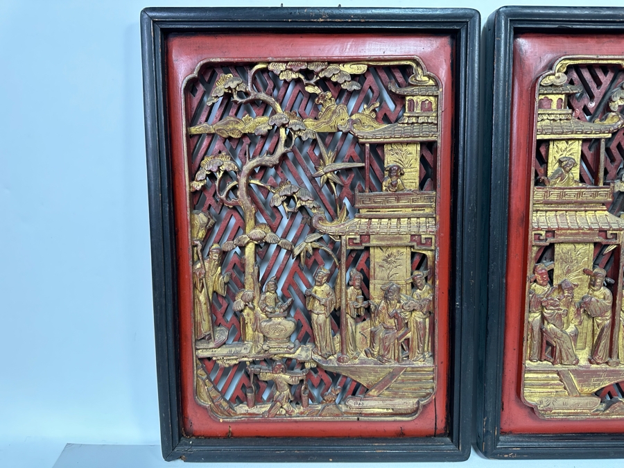 Pair of Vintage Chinese Relief Carved Gilt Wooden Panels 15.5W x 22H [Photo 4]