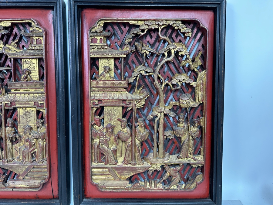 Pair of Vintage Chinese Relief Carved Gilt Wooden Panels 15.5W x 22H [Photo 8]