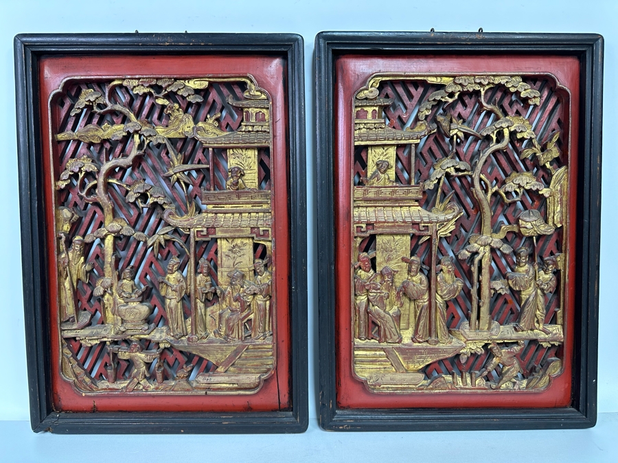 Pair of Vintage Chinese Relief Carved Gilt Wooden Panels 15.5W x 22H [Photo 2]