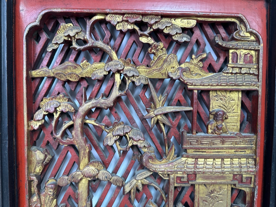 Pair of Vintage Chinese Relief Carved Gilt Wooden Panels 15.5W x 22H [Photo 7]