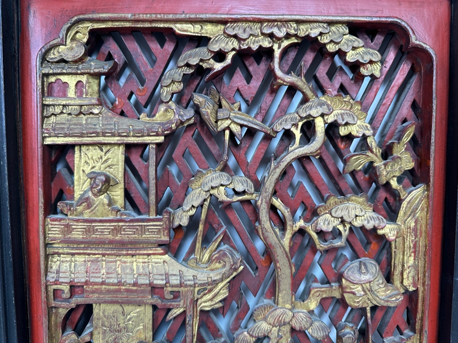 Pair of Vintage Chinese Relief Carved Gilt Wooden Panels 15.5W x 22H [Photo 11]