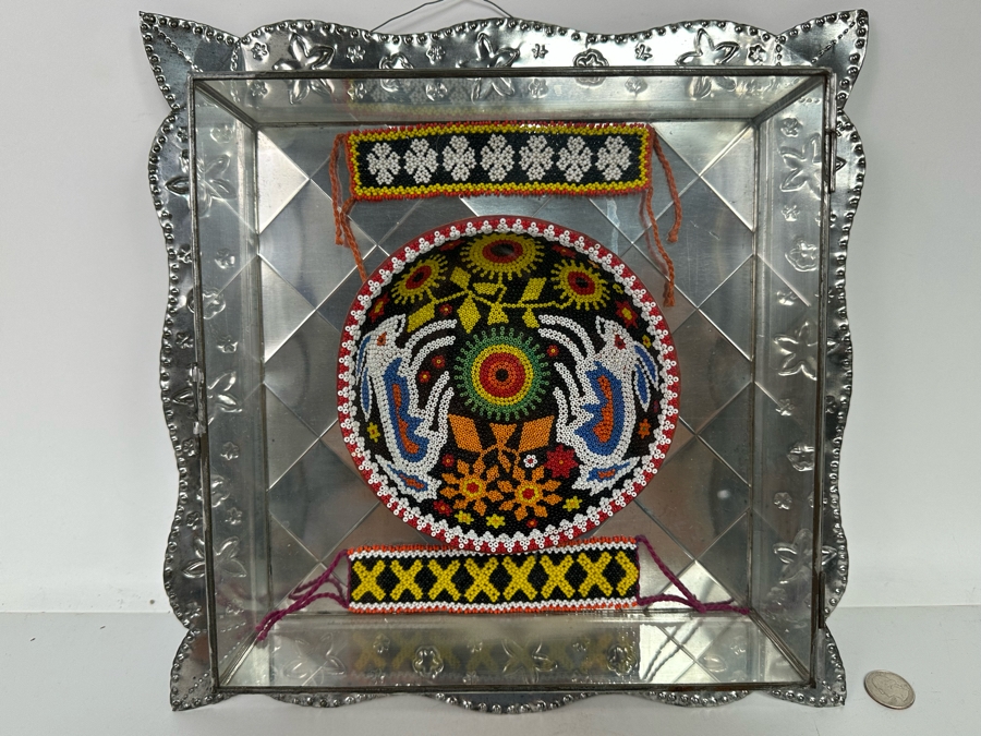 Pair of Mexican Beadwork Bracelets and Bowl Displayed in Shadowbox 13.5W x 13.5 H x 3 [Photo 3]