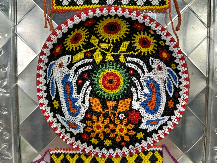 Pair of Mexican Beadwork Bracelets and Bowl Displayed in Shadowbox 13.5W x 13.5 H x 3 [Photo 8]