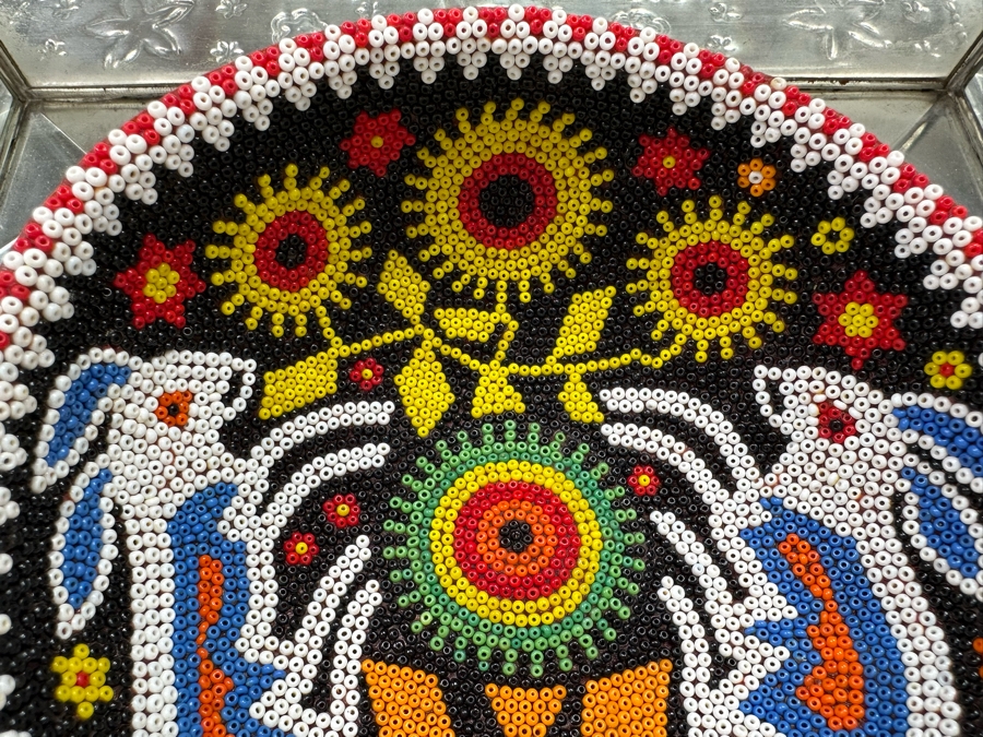 Pair of Mexican Beadwork Bracelets and Bowl Displayed in Shadowbox 13.5W x 13.5 H x 3 [Photo 13]