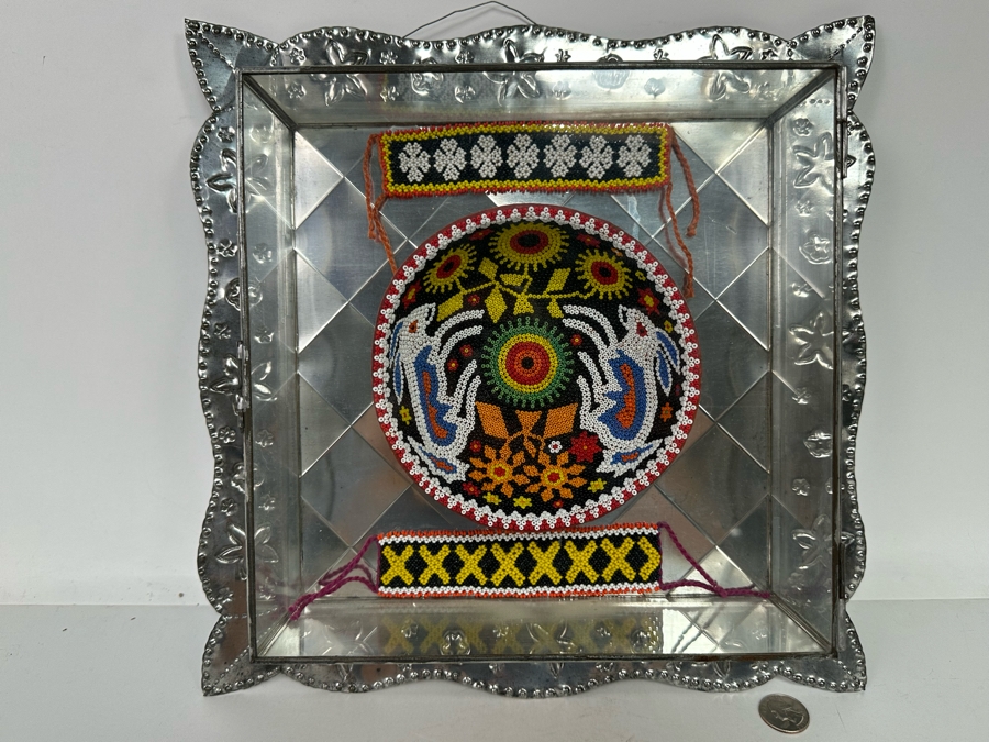 Pair of Mexican Beadwork Bracelets and Bowl Displayed in Shadowbox 13.5W x 13.5 H x 3 [Photo 2]