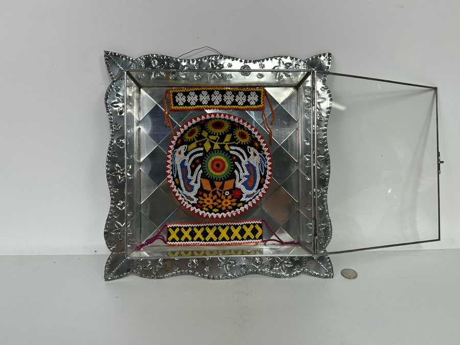 Pair of Mexican Beadwork Bracelets and Bowl Displayed in Shadowbox 13.5W x 13.5 H x 3 [Photo 7]