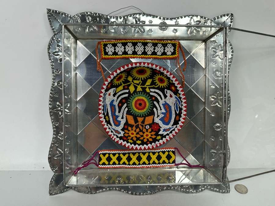 Pair of Mexican Beadwork Bracelets and Bowl Displayed in Shadowbox 13.5W x 13.5 H x 3 [Photo 6]