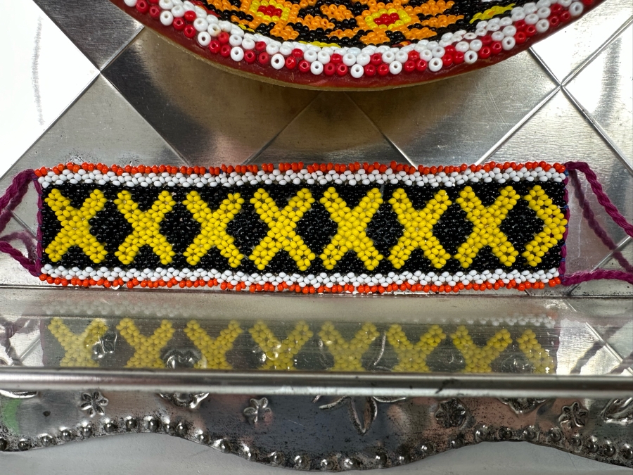 Pair of Mexican Beadwork Bracelets and Bowl Displayed in Shadowbox 13.5W x 13.5 H x 3 [Photo 9]