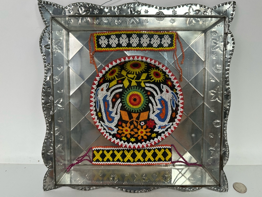 Pair of Mexican Beadwork Bracelets and Bowl Displayed in Shadowbox 13.5W x 13.5 H x 3 [Photo 4]