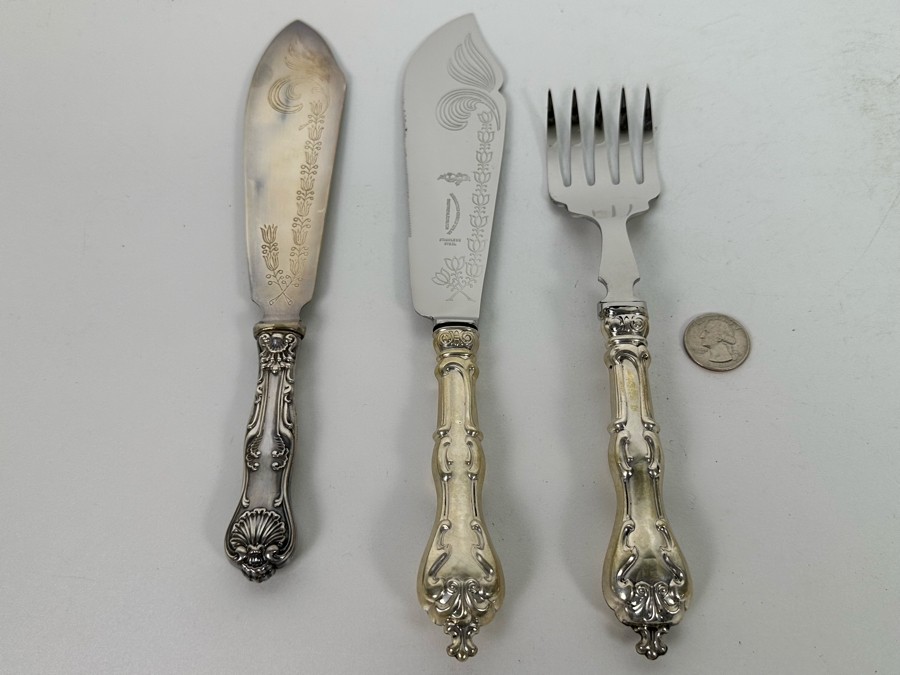 Ambassador Cutlery Pair of Knives and Bacon Fork all with Sterling Silver Handles [Photo 4]