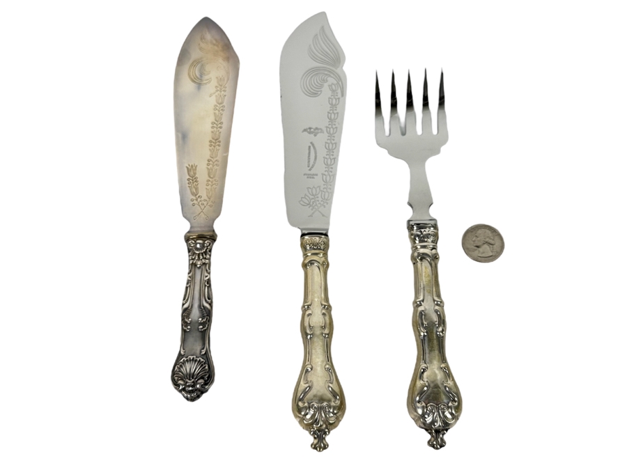 Ambassador Cutlery Pair of Knives and Bacon Fork all with Sterling Silver Handles