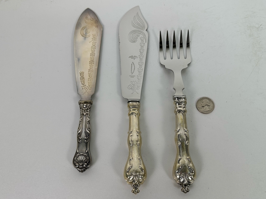 Ambassador Cutlery Pair of Knives and Bacon Fork all with Sterling Silver Handles [Photo 3]