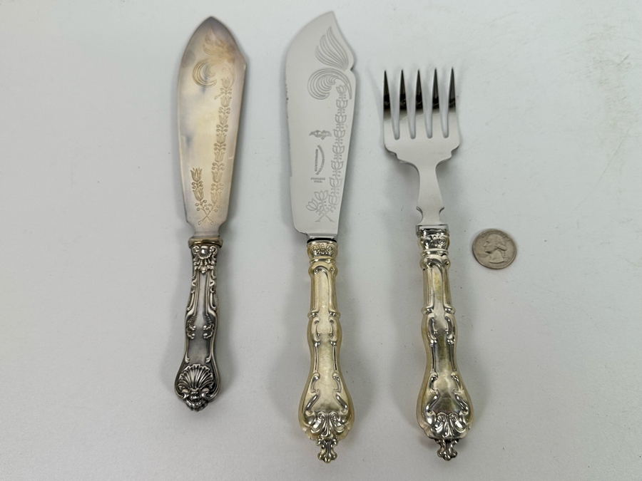 Ambassador Cutlery Pair of Knives and Bacon Fork all with Sterling Silver Handles [Photo 2]