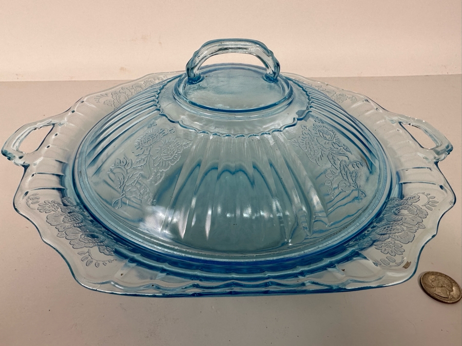 Blue Hocking Glass Mayfair Covered Vegetable Bowl with Lid 12W x 5H [Photo 2]