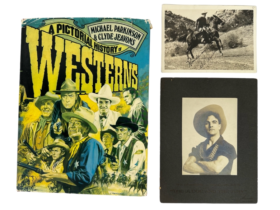A Pictorial History of Westerns by Michael Parkinson and Clyde Jeavons Hardback Book Plus Actor Portrait Photograph Of William Desmond As Miles Chilcote 'The Judge And The Jury' And Red Ryder Photograph [Photo 1]