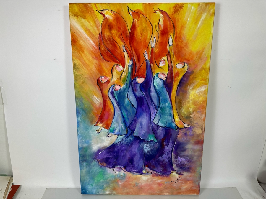 Bonnie Lee Roth (B. 1942, Southern California) Original Biblical Painting Of Seven Women Looking Towards Heaven With Arms Raised In Front Of Rising Flames On Canvas 24 X 36 [Photo 3]