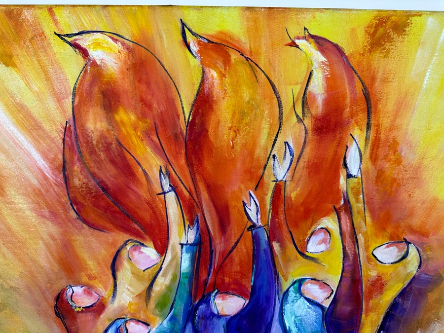 Bonnie Lee Roth (B. 1942, Southern California) Original Biblical Painting Of Seven Women Looking Towards Heaven With Arms Raised In Front Of Rising Flames On Canvas 24 X 36 [Photo 6]