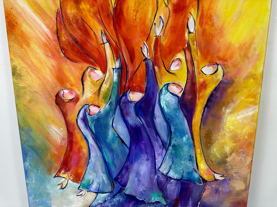 Bonnie Lee Roth (B. 1942, Southern California) Original Biblical Painting Of Seven Women Looking Towards Heaven With Arms Raised In Front Of Rising Flames On Canvas 24 X 36 [Photo 4]