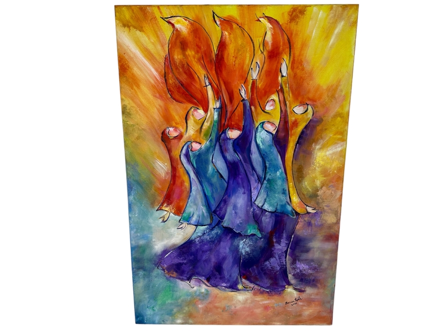 Bonnie Lee Roth (B. 1942, Southern California) Original Biblical Painting Of Seven Women Looking Towards Heaven With Arms Raised In Front Of Rising Flames On Canvas 24 X 36