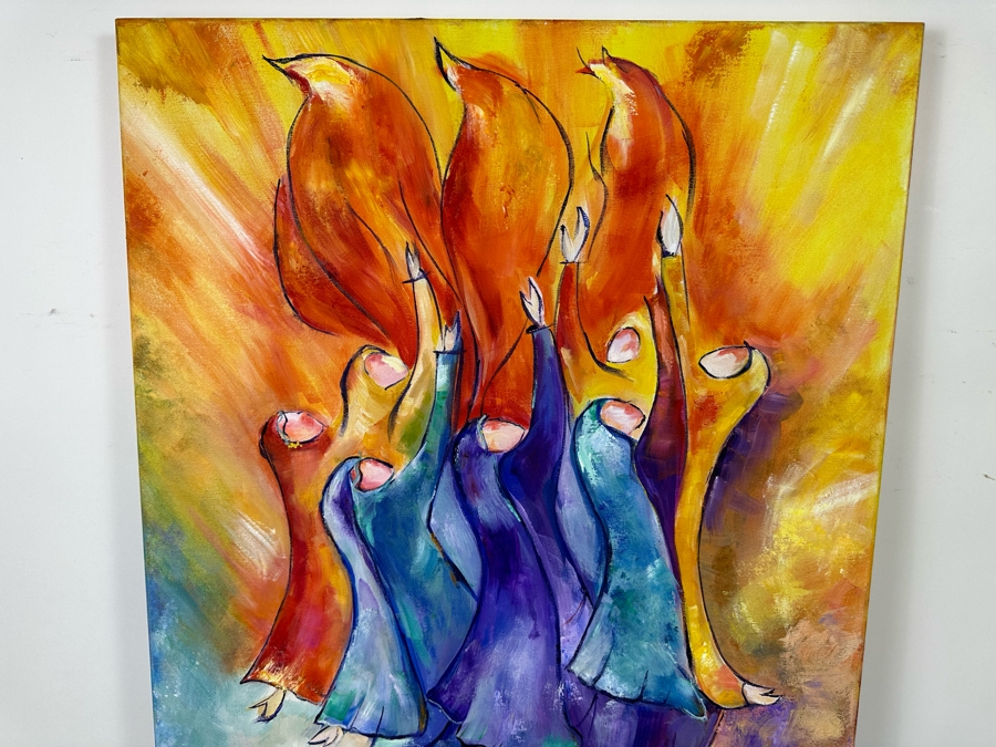 Bonnie Lee Roth (B. 1942, Southern California) Original Biblical Painting Of Seven Women Looking Towards Heaven With Arms Raised In Front Of Rising Flames On Canvas 24 X 36 [Photo 5]