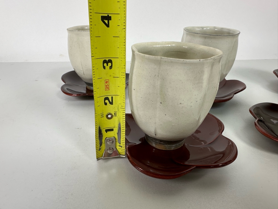 Set Of Five Asian Stoneware Teacups With Saucers Flower Motif 3.25H [Photo 11]