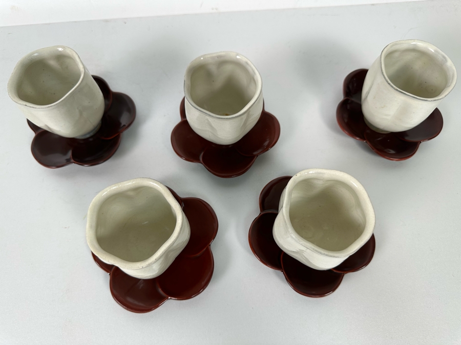 Set Of Five Asian Stoneware Teacups With Saucers Flower Motif 3.25H [Photo 9]