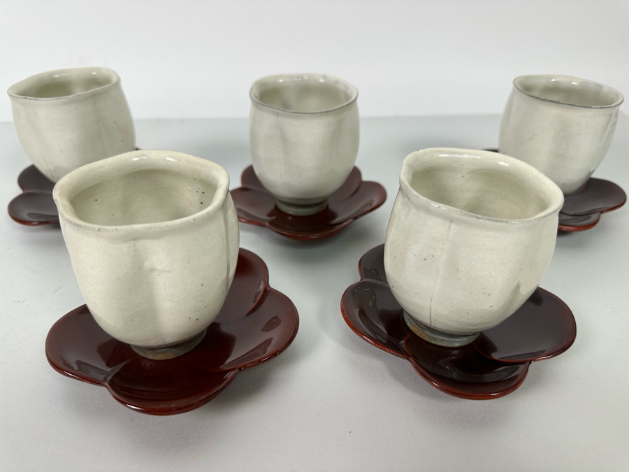 Set Of Five Asian Stoneware Teacups With Saucers Flower Motif 3.25H [Photo 3]