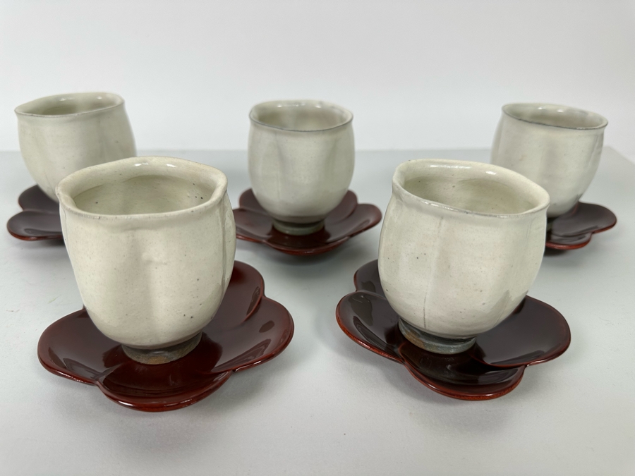 Set Of Five Asian Stoneware Teacups With Saucers Flower Motif 3.25H [Photo 2]