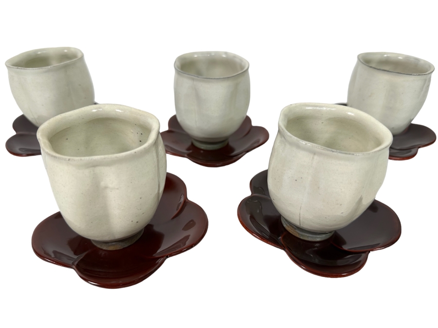Set Of Five Asian Stoneware Teacups With Saucers Flower Motif 3.25H