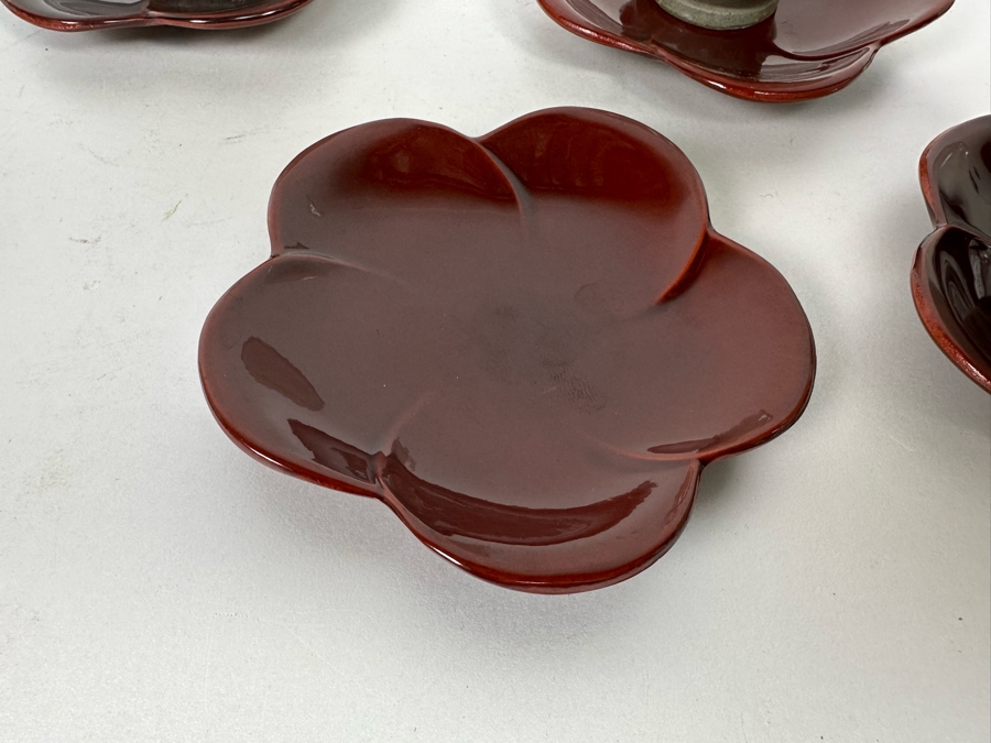 Set Of Five Asian Stoneware Teacups With Saucers Flower Motif 3.25H [Photo 6]