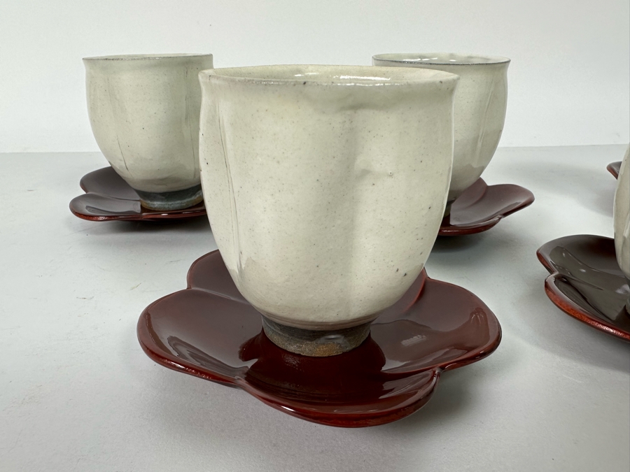 Set Of Five Asian Stoneware Teacups With Saucers Flower Motif 3.25H [Photo 4]