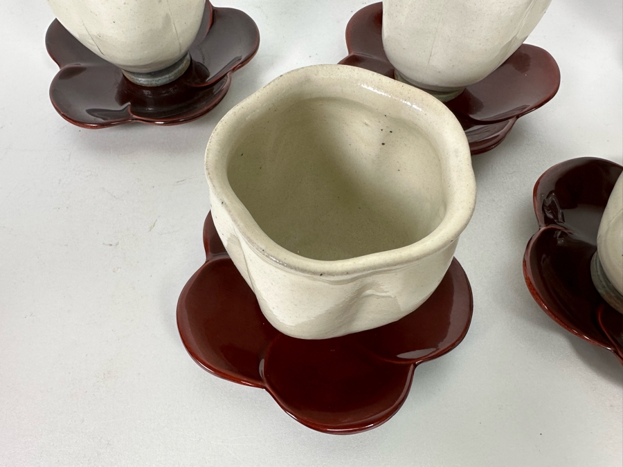 Set Of Five Asian Stoneware Teacups With Saucers Flower Motif 3.25H [Photo 5]