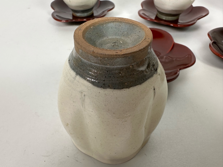 Set Of Five Asian Stoneware Teacups With Saucers Flower Motif 3.25H [Photo 7]