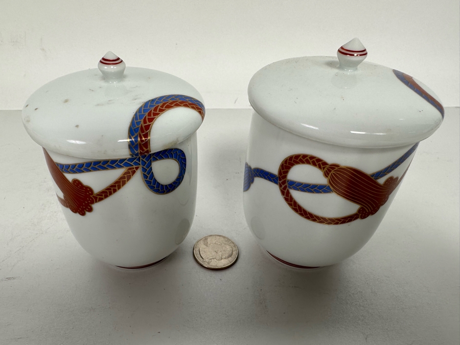 Pair Of Signed Japanese Porcelains Cups With Lids 3.75H [Photo 3]