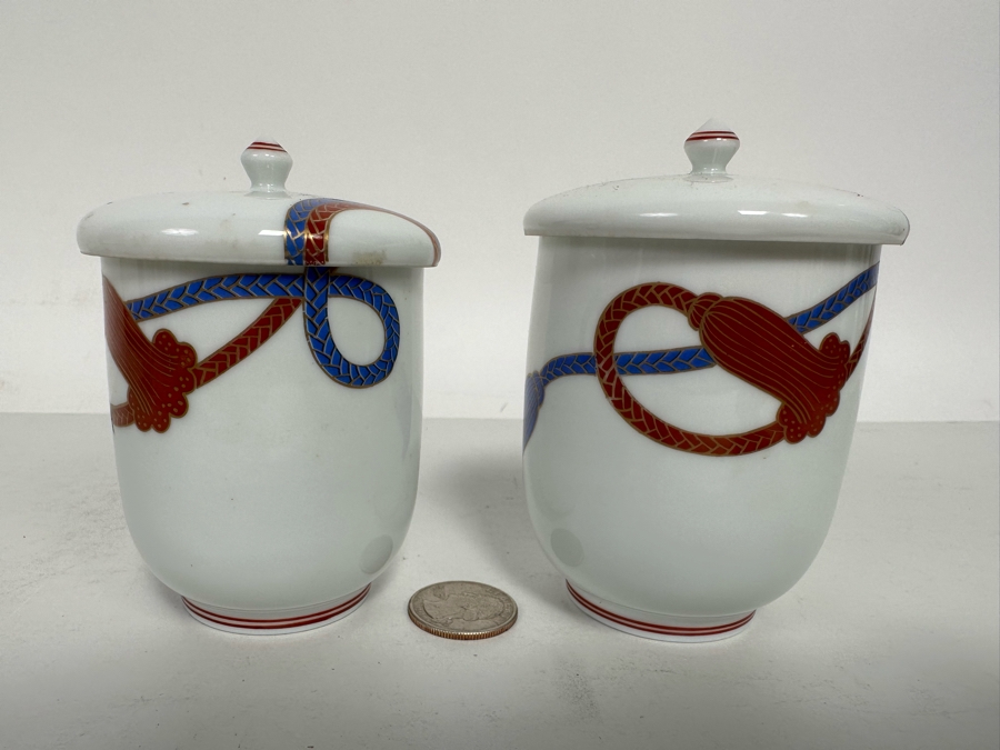 Pair Of Signed Japanese Porcelains Cups With Lids 3.75H [Photo 2]