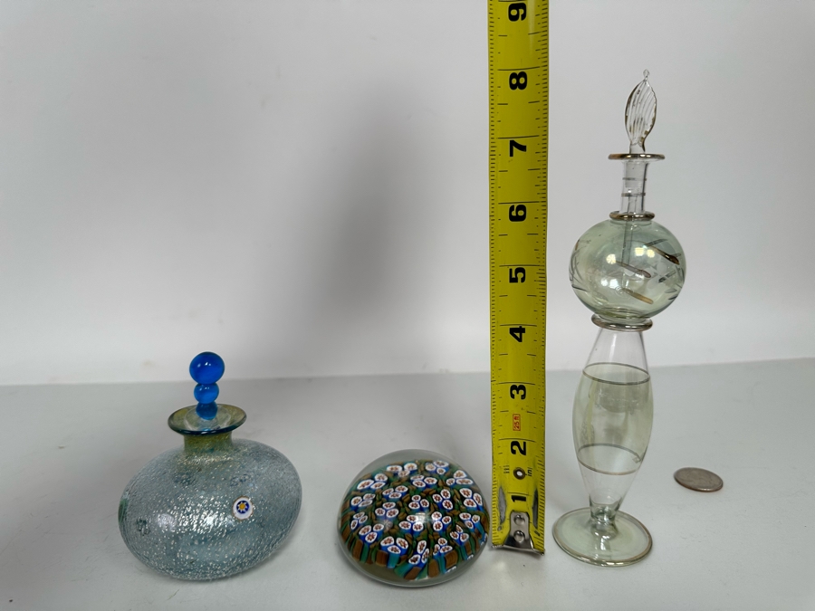 Vintage Murano Italian Glass Paperweight And Pair Of Art Glass Perfume Bottles 4H And 8H [Photo 17]