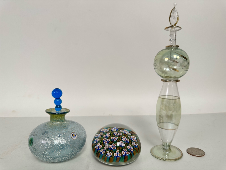 Vintage Murano Italian Glass Paperweight And Pair Of Art Glass Perfume Bottles 4H And 8H [Photo 4]