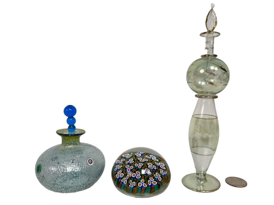 Vintage Murano Italian Glass Paperweight And Pair Of Art Glass Perfume Bottles 4H And 8H [Photo 1]