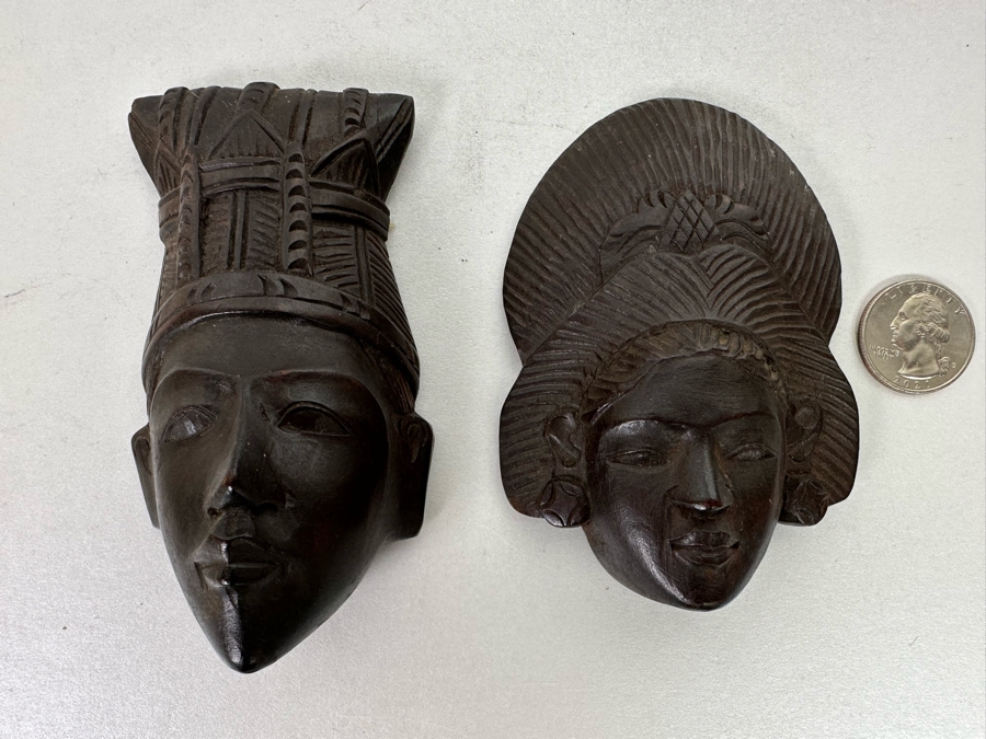 Pair Of Small Hand Carved Wooden Indonesian Wall Masks 4H [Photo 3]
