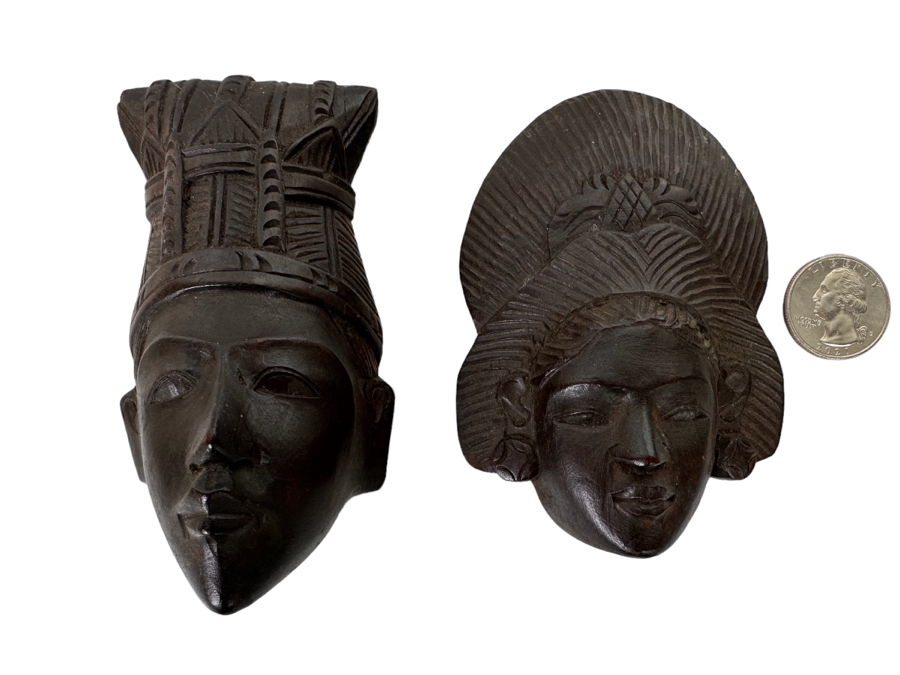 Pair Of Small Hand Carved Wooden Indonesian Wall Masks 4H [Photo 1]