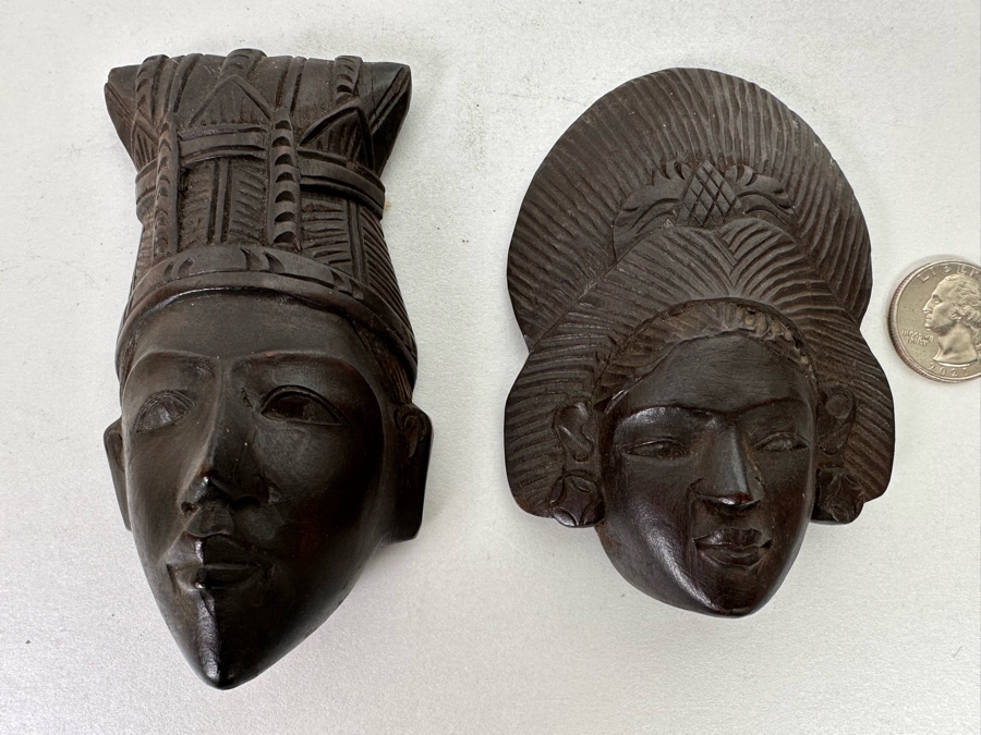 Pair Of Small Hand Carved Wooden Indonesian Wall Masks 4H [Photo 2]