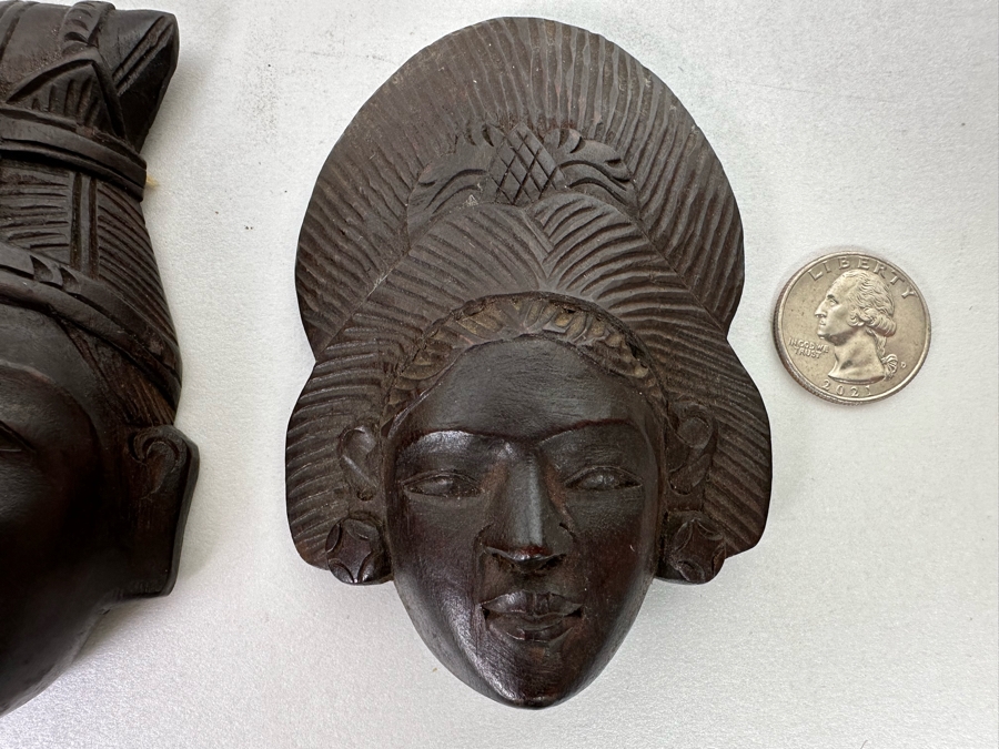 Pair Of Small Hand Carved Wooden Indonesian Wall Masks 4H [Photo 5]