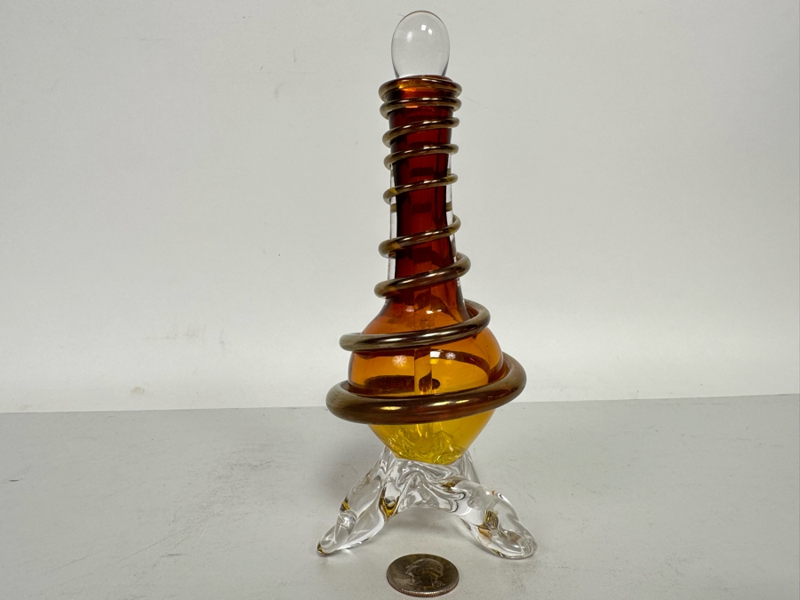 Barry Farley Stunning Footed Spiral Studio Art Glass Perfume Bottle With Stopper Signed And Dated 2002 7H [Photo 2]