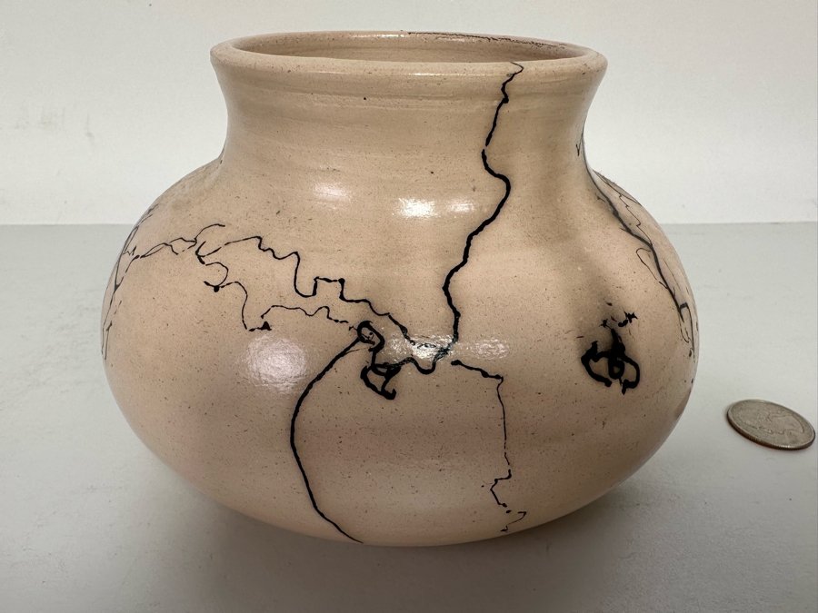 Vintage Horse Hair Horsehair Pottery Vessel Signed Strong 6W X 4H [Photo 3]