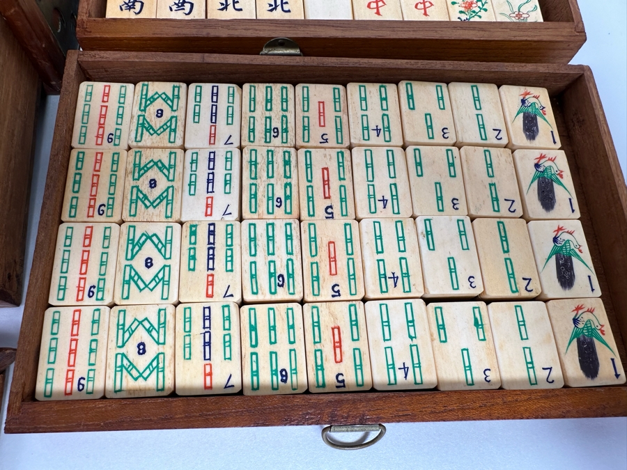 Antique Chinese Mahjong Mah-Jongg Set Bamboo And Bone Tiles With Wooden 5-Drawer Box (Front Left Of Box Is Missing Wooden Piece) 1923 Patent Date [Photo 6]